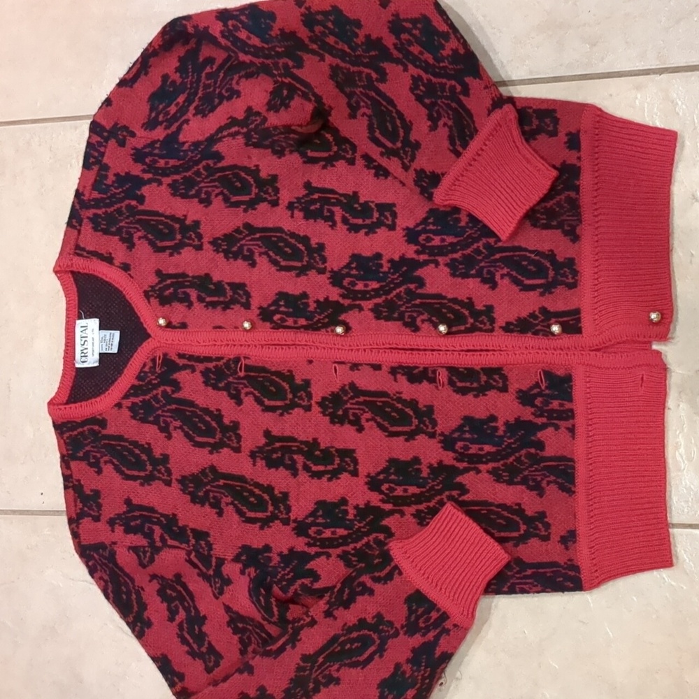 Vintage Crystal‎ Red Paisley Boiled Wool Cardigan Sweater Size Medium